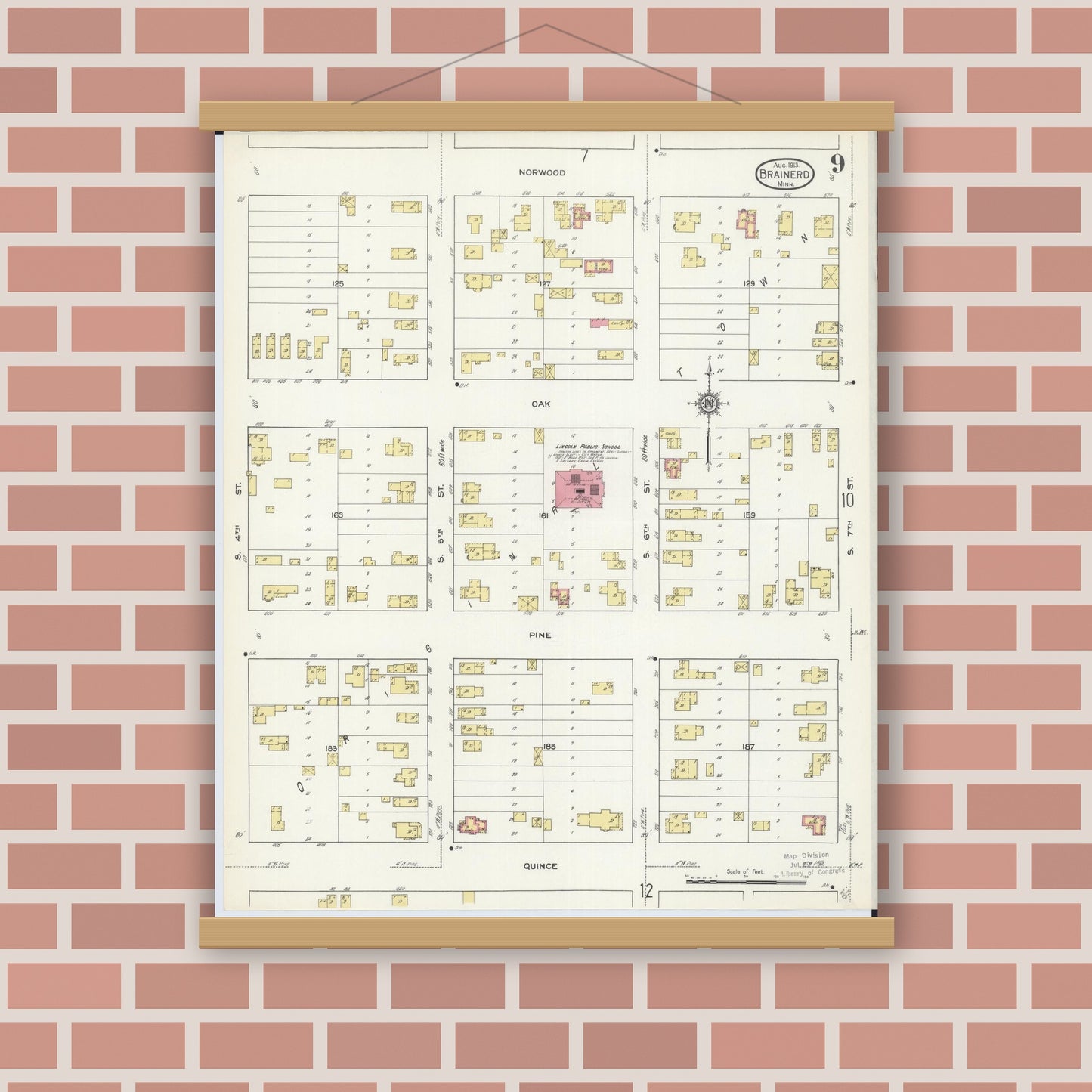 Old map wall art mockup — magnetic wood frame on brick wall — Sanborn Fire Insurance Map from Brainerd, Crow Wing County, Minnesota (1913), Sheet #0009