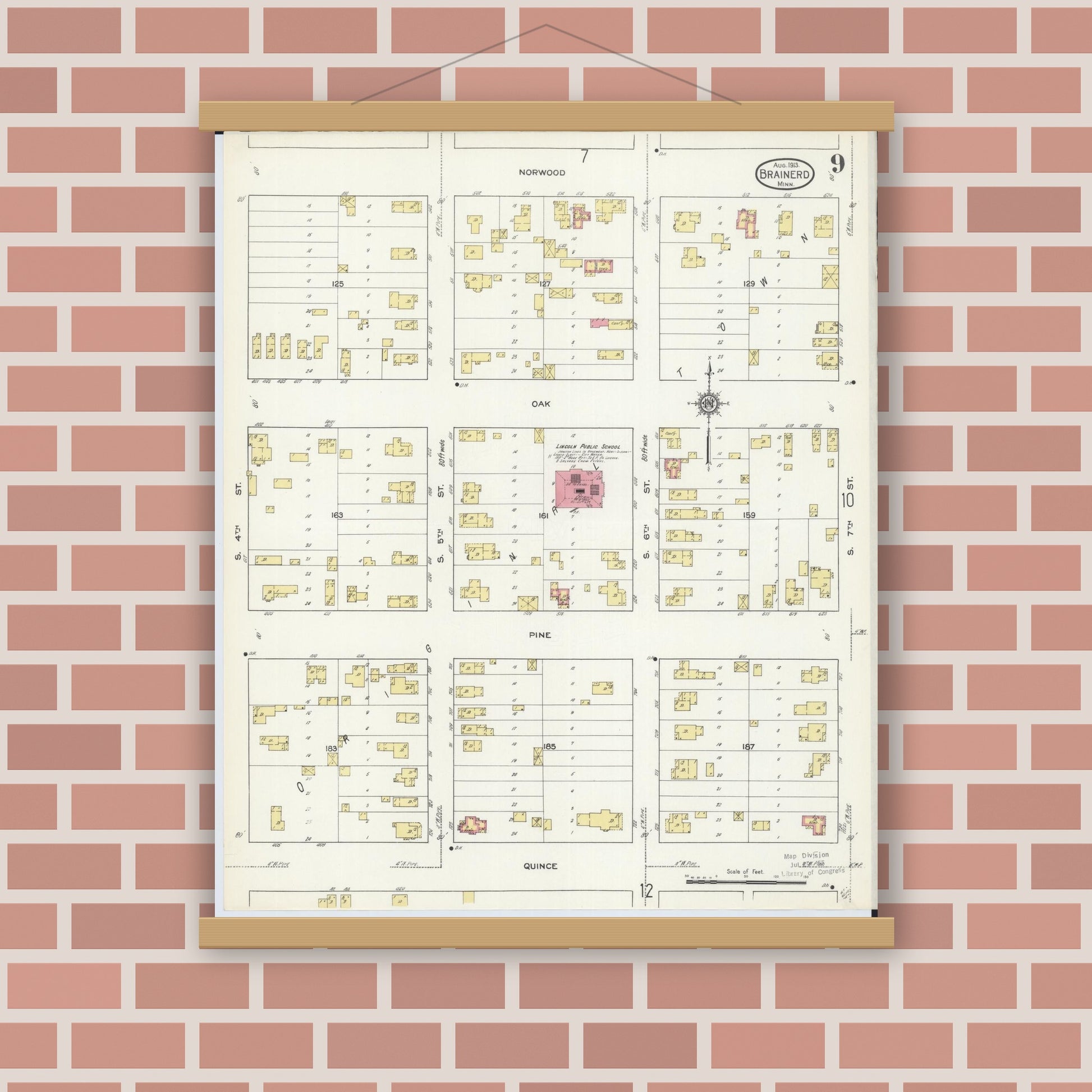 Old map wall art mockup — magnetic wood frame on brick wall — Sanborn Fire Insurance Map from Brainerd, Crow Wing County, Minnesota (1913), Sheet #0009