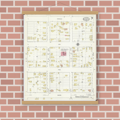 Old map wall art mockup — magnetic wood frame on brick wall — Sanborn Fire Insurance Map from Brainerd, Crow Wing County, Minnesota (1913), Sheet #0009