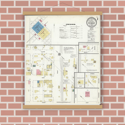 Old map wall art mockup — magnetic wood frame on brick wall — Sanborn Fire Insurance Map from Raymond, Montgomery County, Illinois (1909) - Complete Map Set