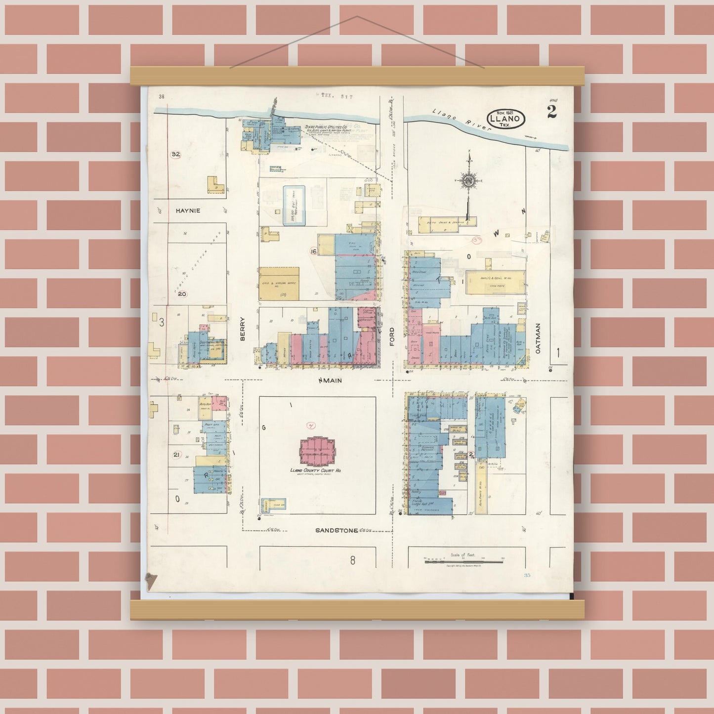 Old map wall art mockup — magnetic wood frame on brick wall — Sanborn Fire Insurance Map from Llano, Llano County, Texas (1942), Sheet #0002