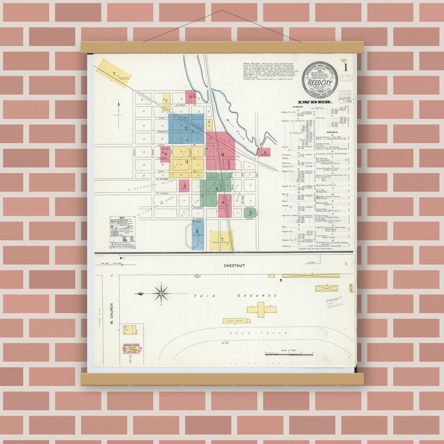 Old map wall art mockup — magnetic wood frame on brick wall — Sanborn Fire Insurance Map from Reed City, Osceola County, Michigan (1908), Sheet #0001