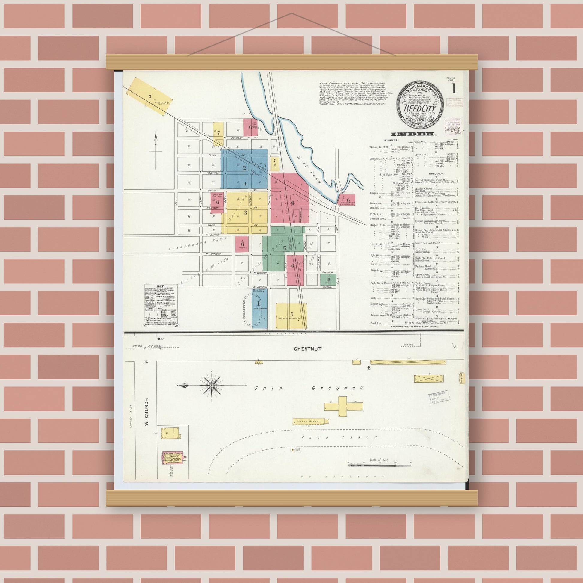 Old map wall art mockup — magnetic wood frame on brick wall — Sanborn Fire Insurance Map from Reed City, Osceola County, Michigan (1908), Sheet #0001