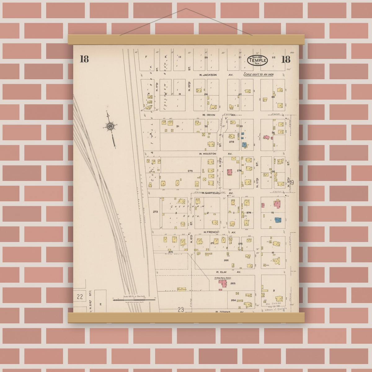 Old map wall art mockup — magnetic wood frame on brick wall — Sanborn Fire Insurance Map from Temple, Bell County, Texas (1922), Sheet #0018