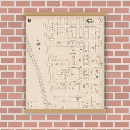 Old map wall art mockup — magnetic wood frame on brick wall — Sanborn Fire Insurance Map from Temple, Bell County, Texas (1922), Sheet #0018