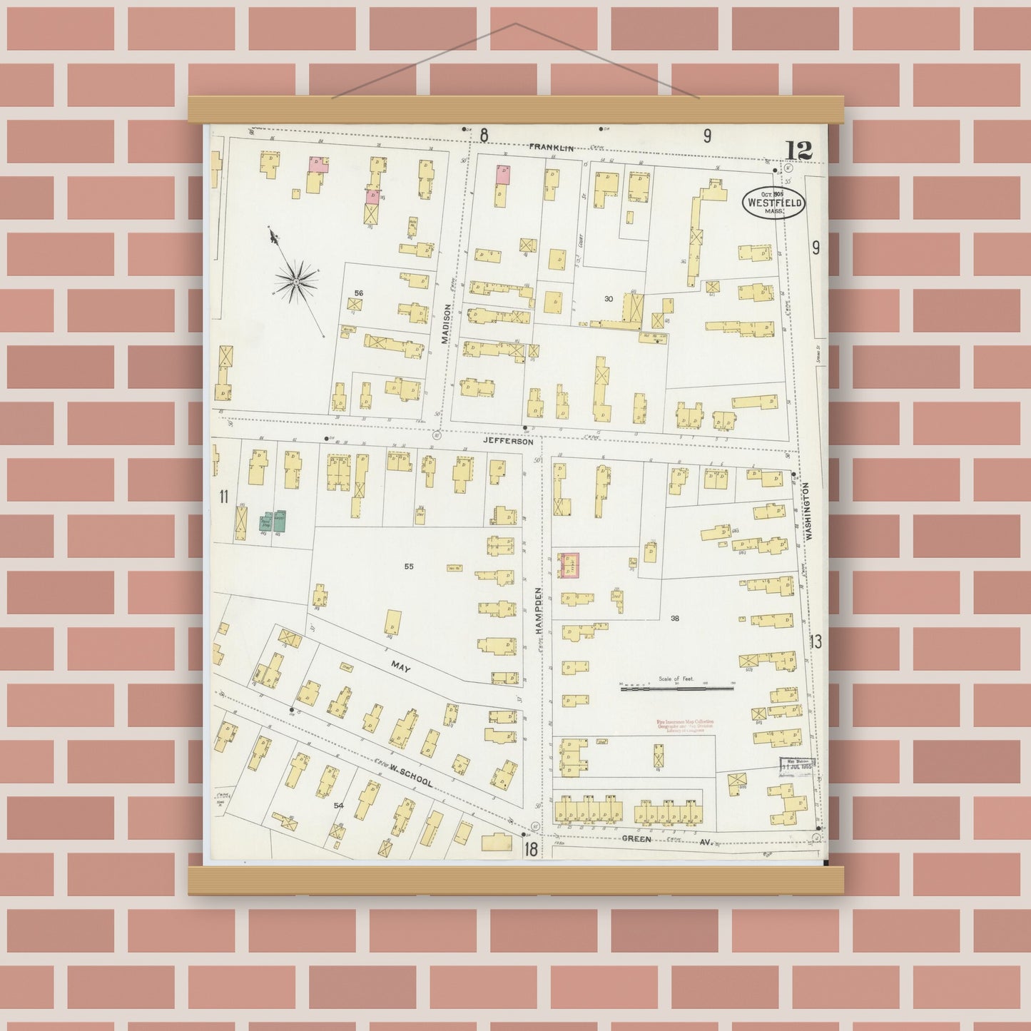 Old map wall art mockup — magnetic wood frame on brick wall — Sanborn Fire Insurance Map from Westfield, Hampden County, Massachusetts (1905), Sheet #0012