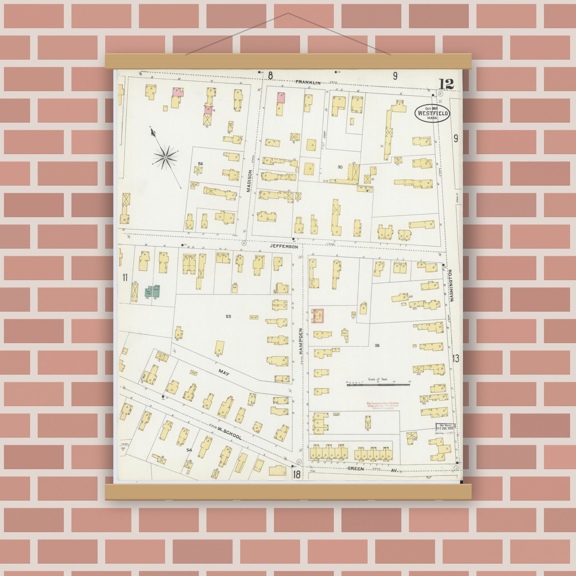 Old map wall art mockup — magnetic wood frame on brick wall — Sanborn Fire Insurance Map from Westfield, Hampden County, Massachusetts (1905), Sheet #0012