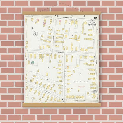 Old map wall art mockup — magnetic wood frame on brick wall — Sanborn Fire Insurance Map from Westfield, Hampden County, Massachusetts (1905), Sheet #0012