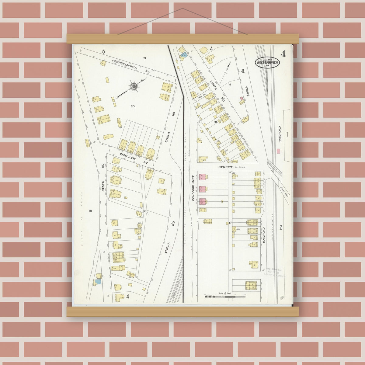 Old map wall art mockup — magnetic wood frame on brick wall — Sanborn Fire Insurance Map from West Fairview, Cumberland County, Pennsylvania (1910), Sheet #0004