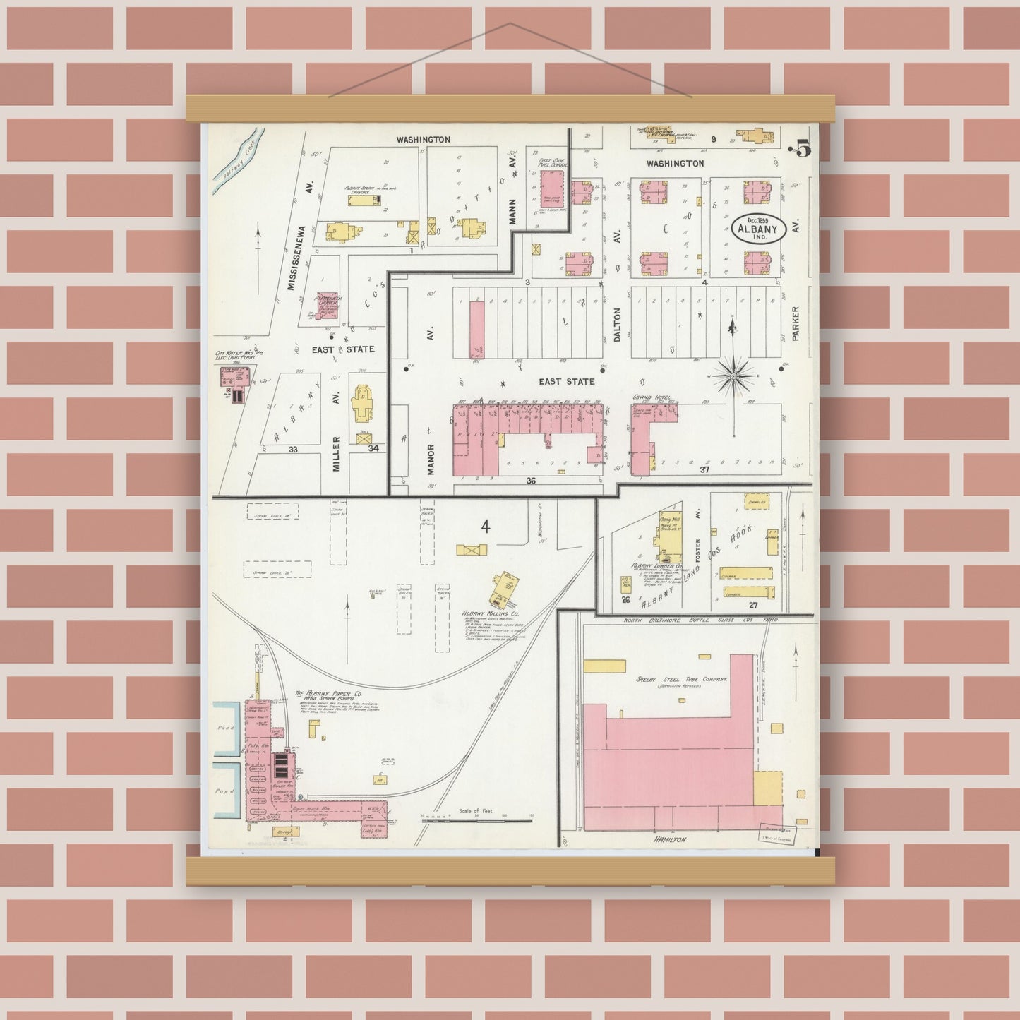 Old map wall art mockup — magnetic wood frame on brick wall — Sanborn Fire Insurance Map from Albany, Delaware County, Indiana (1899), Sheet #0005