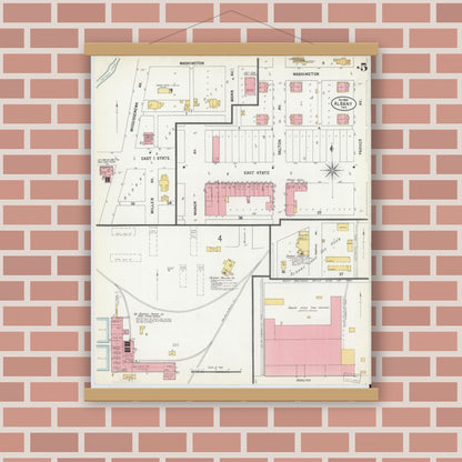 Old map wall art mockup — magnetic wood frame on brick wall — Sanborn Fire Insurance Map from Albany, Delaware County, Indiana (1899), Sheet #0005