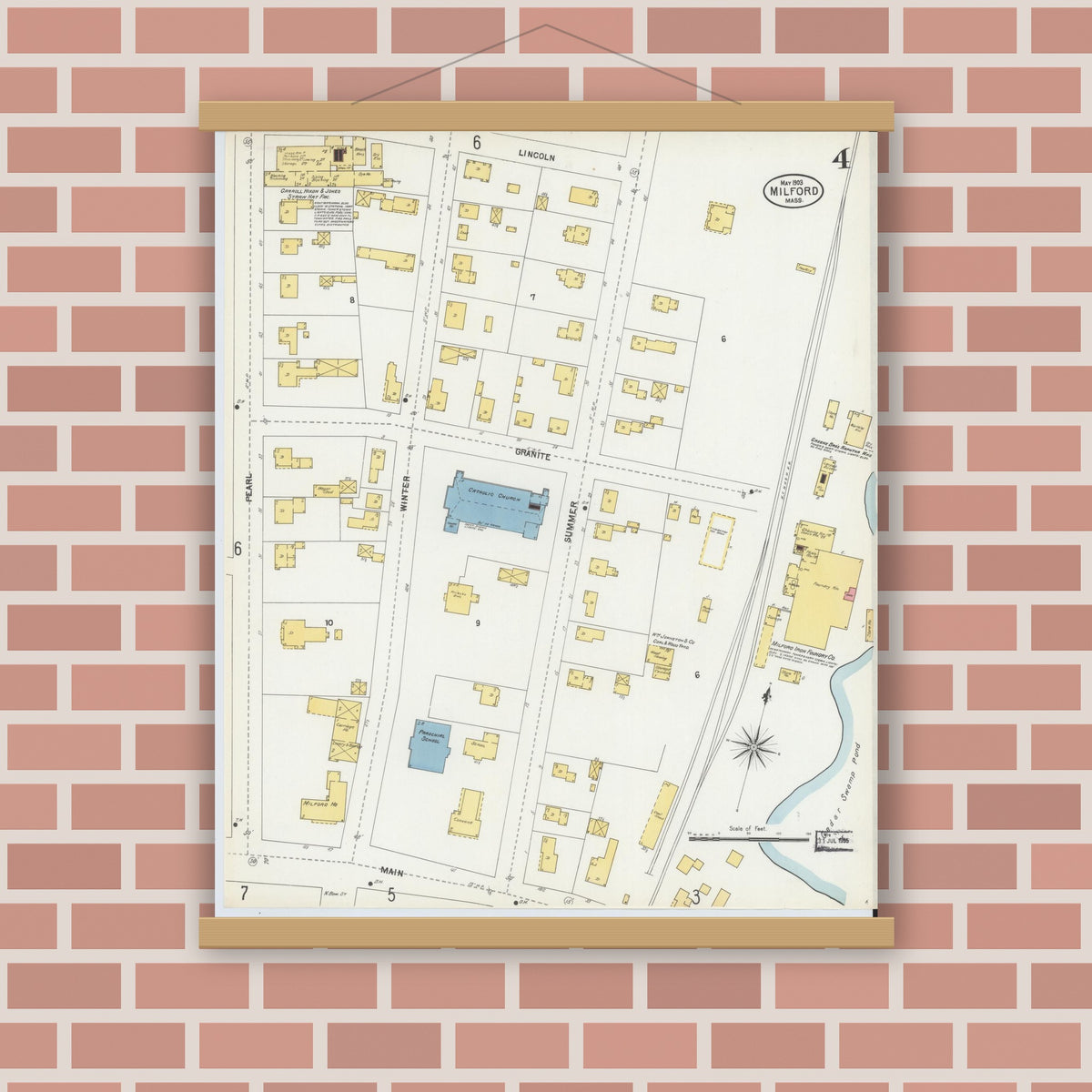 Old map wall art mockup — magnetic wood frame on brick wall — Sanborn Fire Insurance Map from Milford, Worcester County, Massachusetts (1903), Sheet #0004
