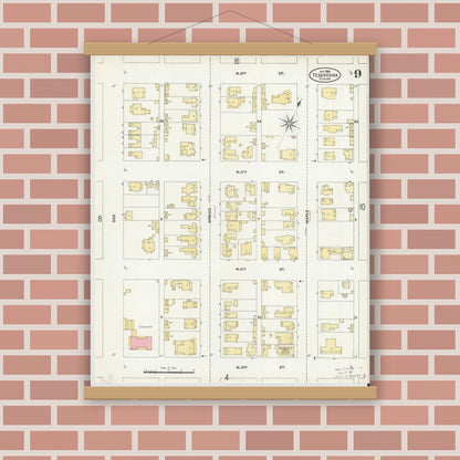 Old map wall art mockup — magnetic wood frame on brick wall — Sanborn Fire Insurance Map from Texarkana, Bowie County, Texas (1905), Sheet #0009