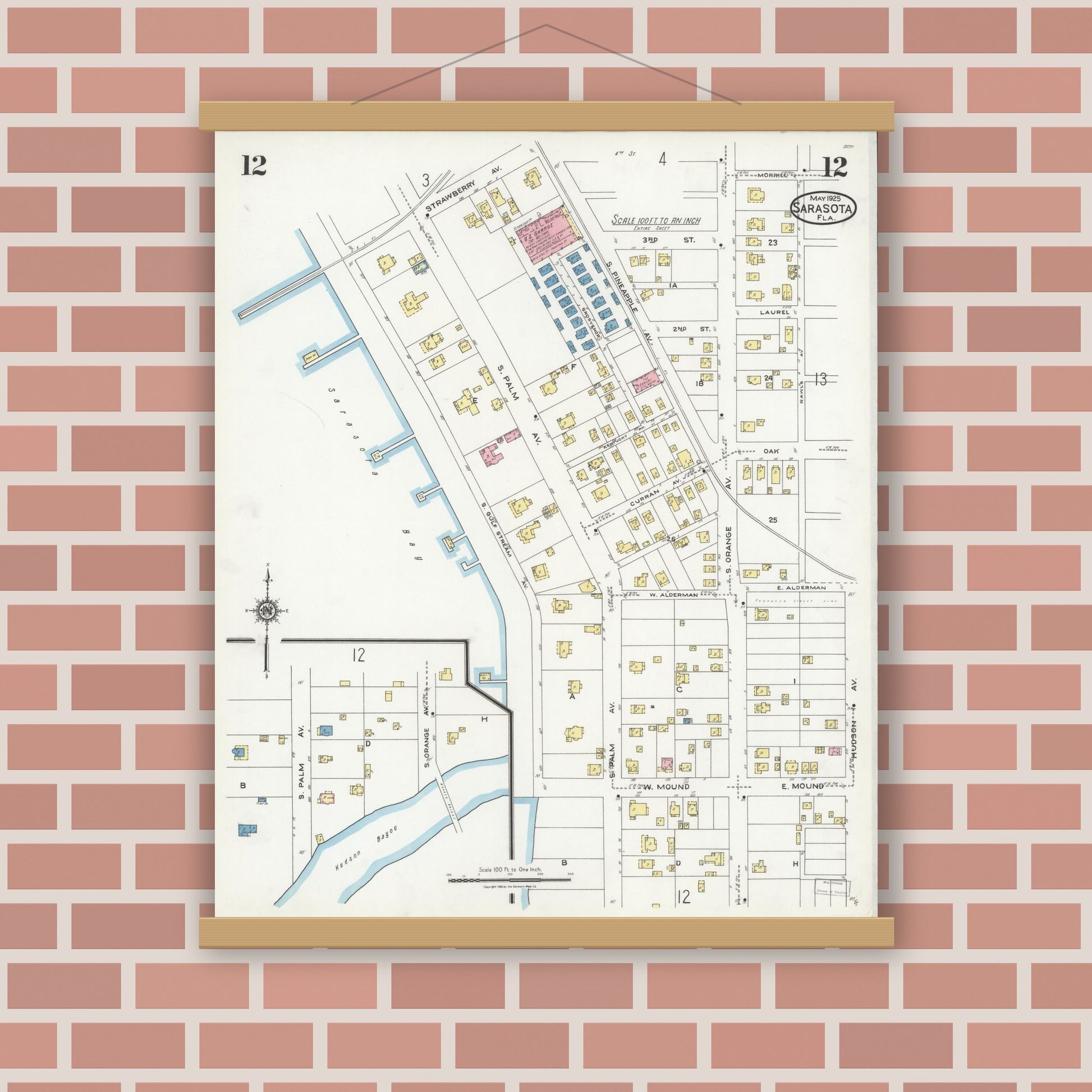Old map wall art mockup — magnetic wood frame on brick wall — Sanborn Fire Insurance Map from Sarasota, Sarasota County, Florida (1925), Sheet #0012