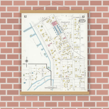Old map wall art mockup — magnetic wood frame on brick wall — Sanborn Fire Insurance Map from Sarasota, Sarasota County, Florida (1925), Sheet #0012