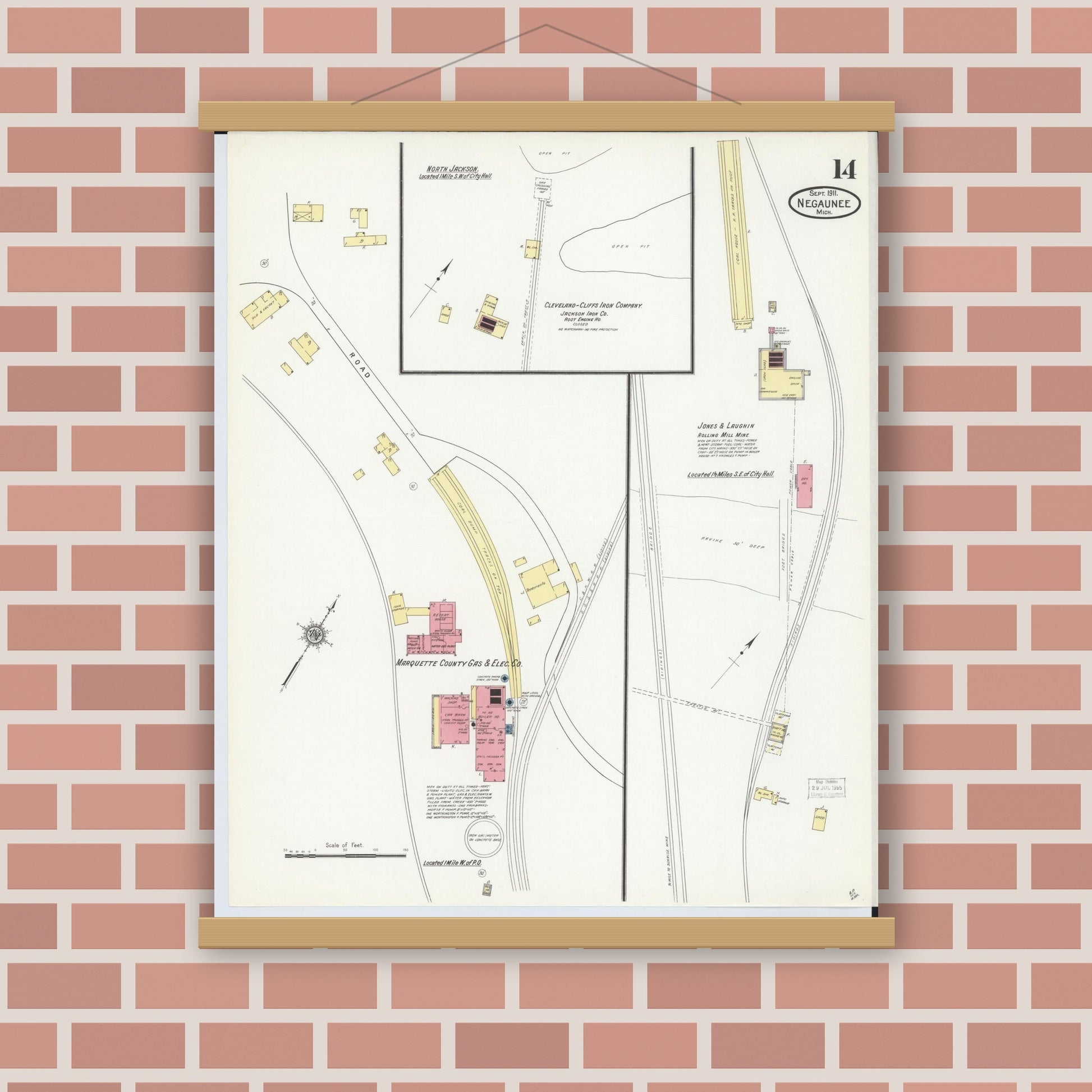 Old map wall art mockup — magnetic wood frame on brick wall — Sanborn Fire Insurance Map from Negaunee, Marquette County, Michigan (1911), Sheet #0014