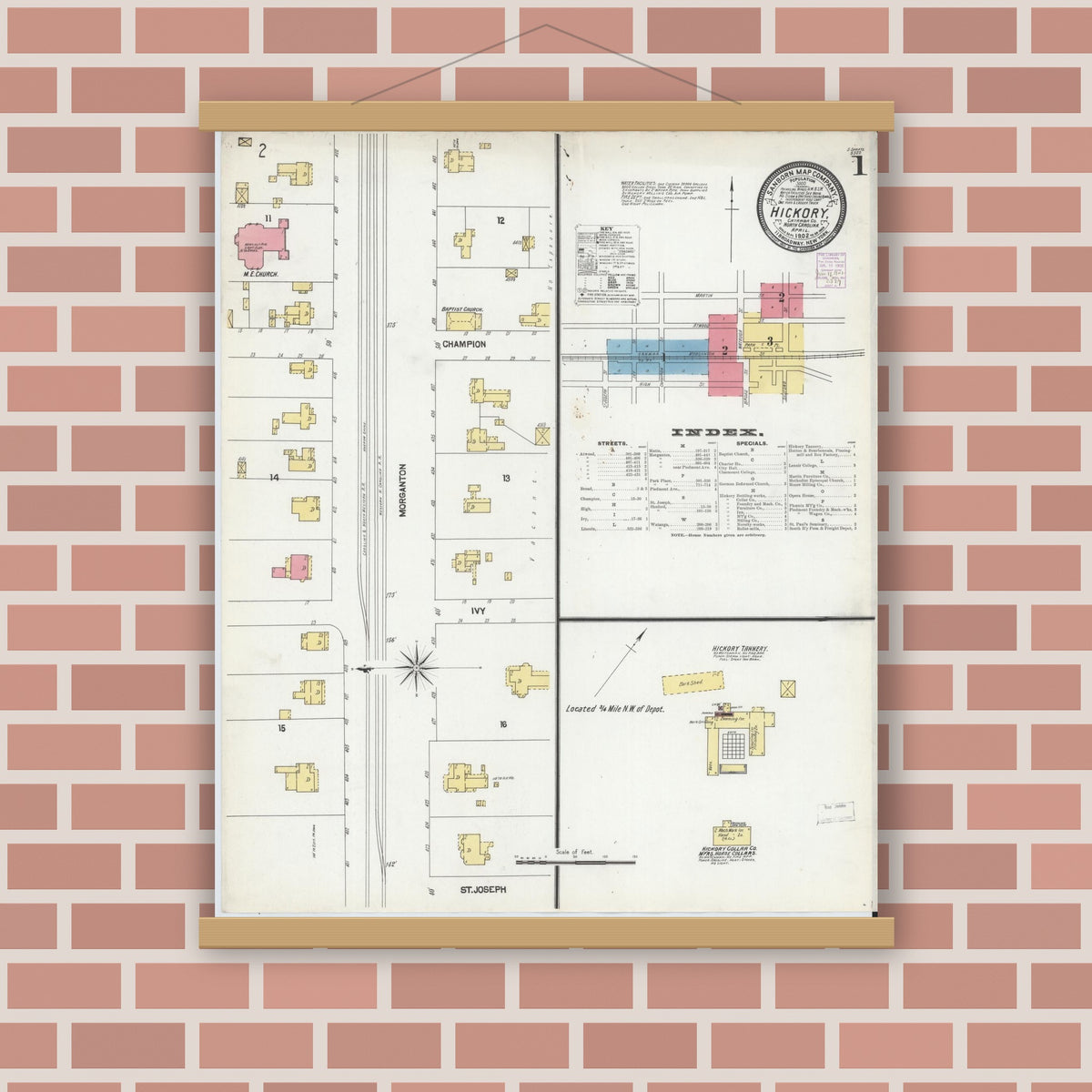 Old map wall art mockup — magnetic wood frame on brick wall — Sanborn Fire Insurance Map from Hickory, Catawba County, North Carolina (1902) - Complete Map Set