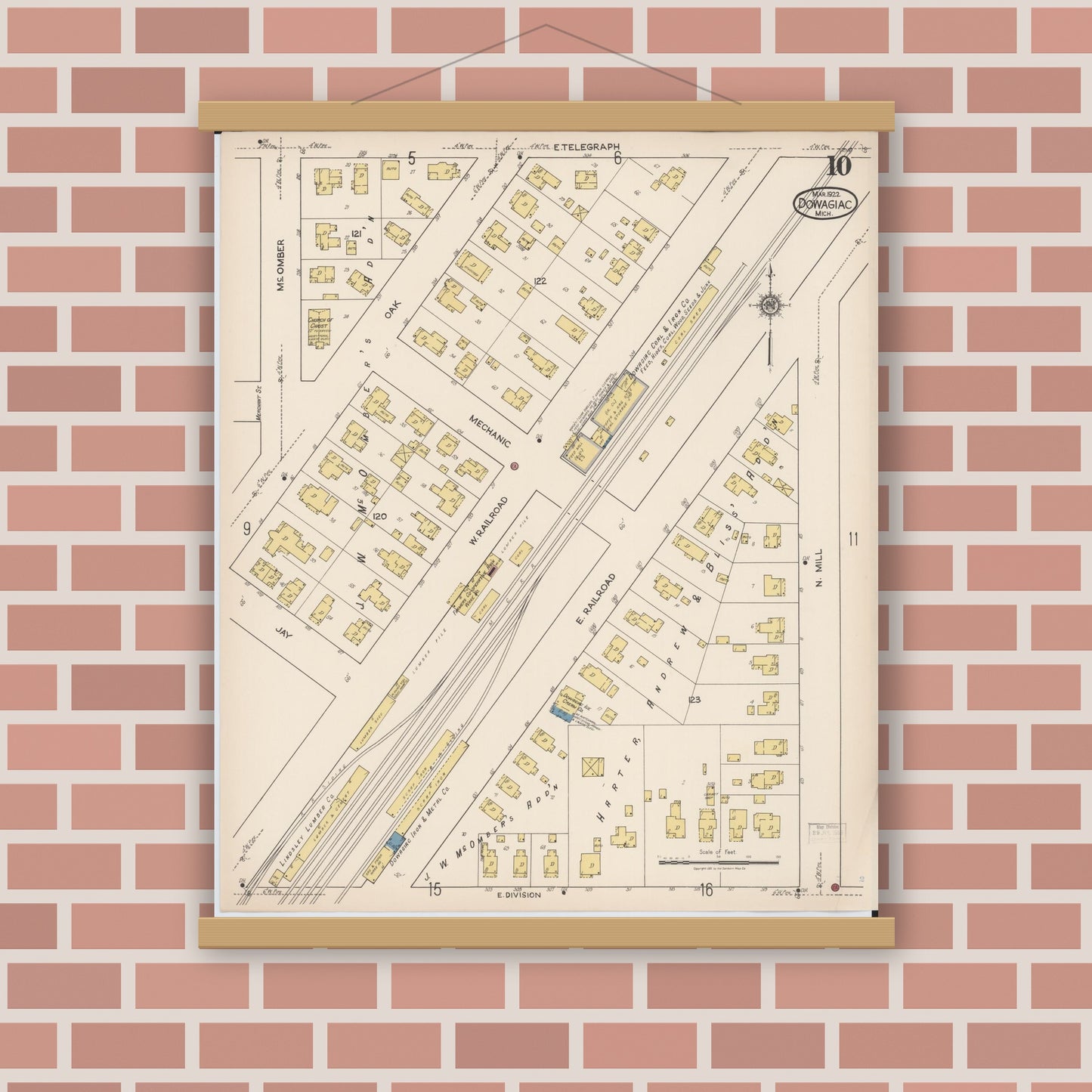 Old map wall art mockup — magnetic wood frame on brick wall — Sanborn Fire Insurance Map from Dowagiac, Cass County, Michigan (1922), Sheet #0010