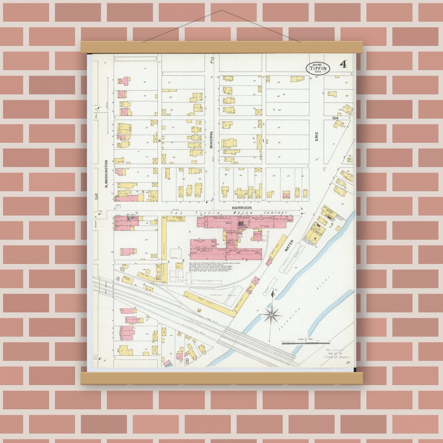 Old map wall art mockup — magnetic wood frame on brick wall — Sanborn Fire Insurance Map from Tiffin, Seneca County, Ohio (1901), Sheet #0004