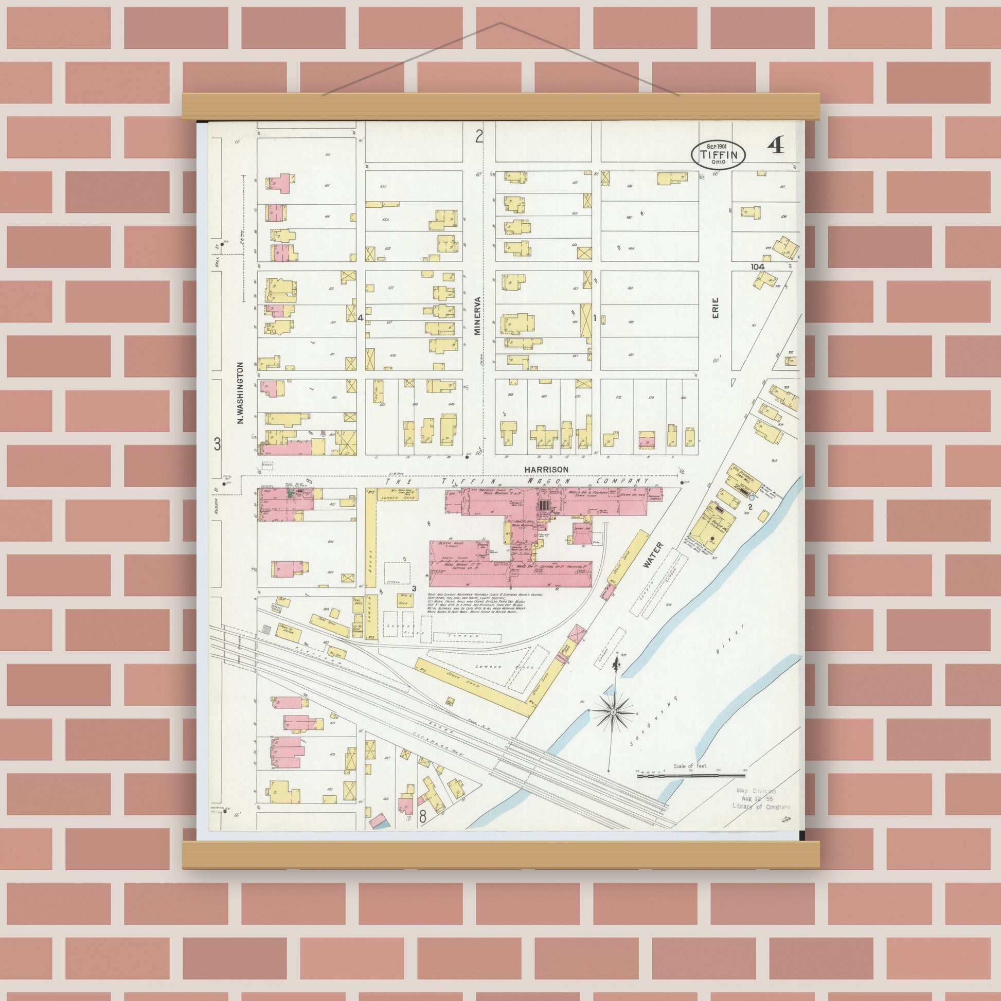 Old map wall art mockup — magnetic wood frame on brick wall — Sanborn Fire Insurance Map from Tiffin, Seneca County, Ohio (1901), Sheet #0004