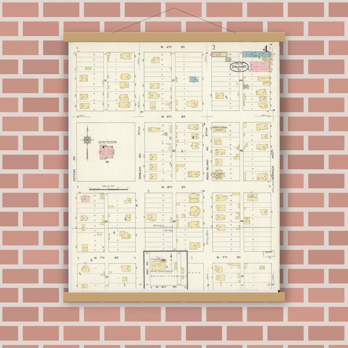 Old map wall art mockup — magnetic wood frame on brick wall — Sanborn Fire Insurance Map from Dalhart, Dallam And Hartley County, Texas (1913), Sheet #0004