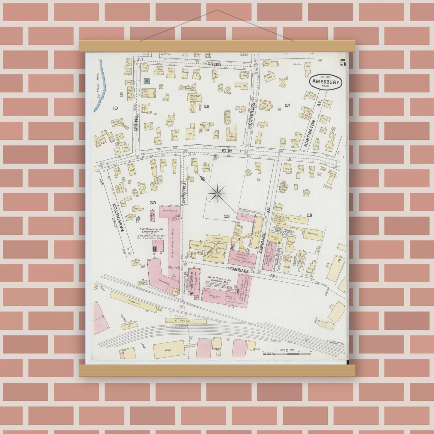Old map wall art mockup — magnetic wood frame on brick wall — Sanborn Fire Insurance Map from Amesbury, Essex County, Massachusetts (1889), Sheet #0005