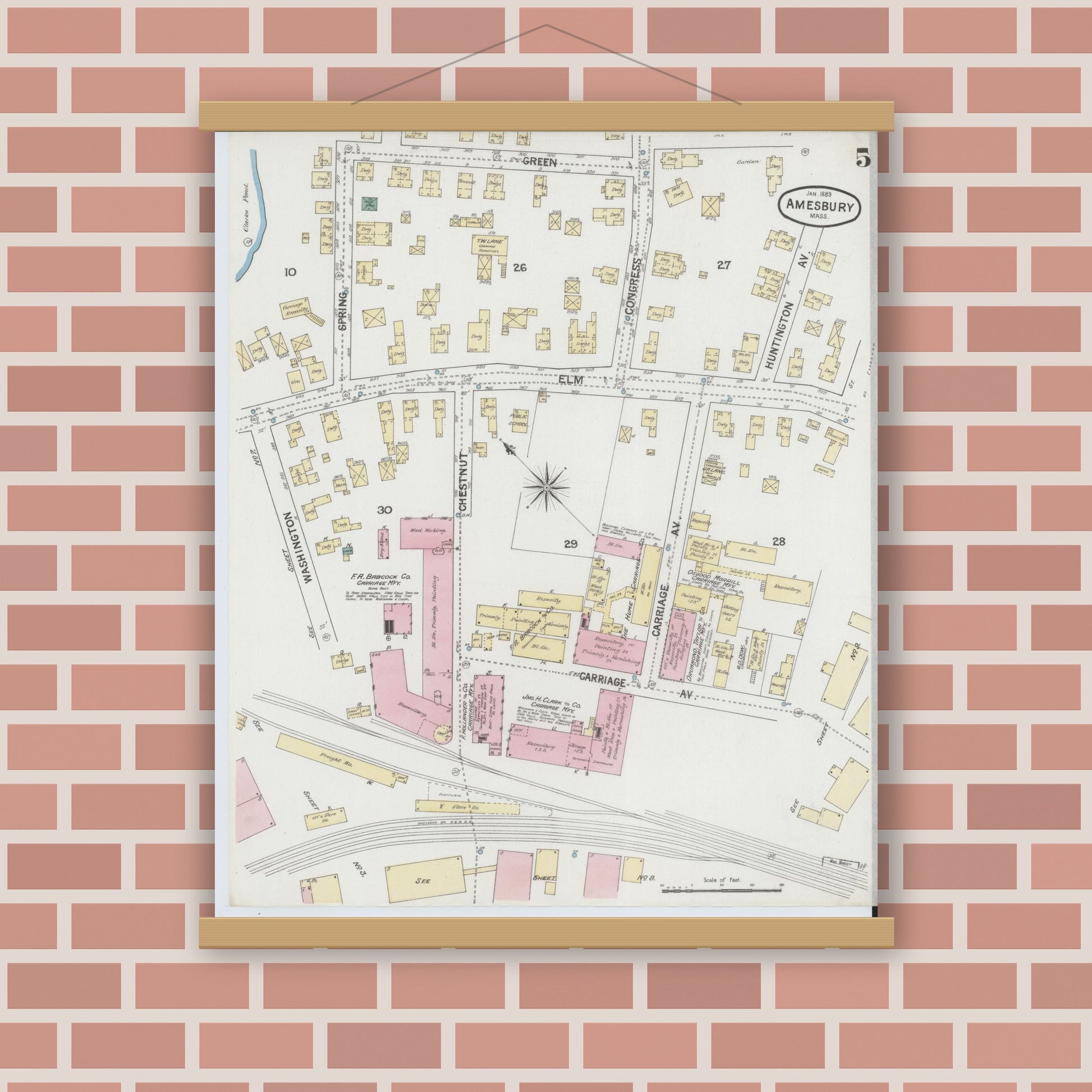 Old map wall art mockup — magnetic wood frame on brick wall — Sanborn Fire Insurance Map from Amesbury, Essex County, Massachusetts (1889), Sheet #0005