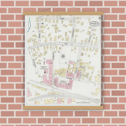 Old map wall art mockup — magnetic wood frame on brick wall — Sanborn Fire Insurance Map from Amesbury, Essex County, Massachusetts (1889), Sheet #0005