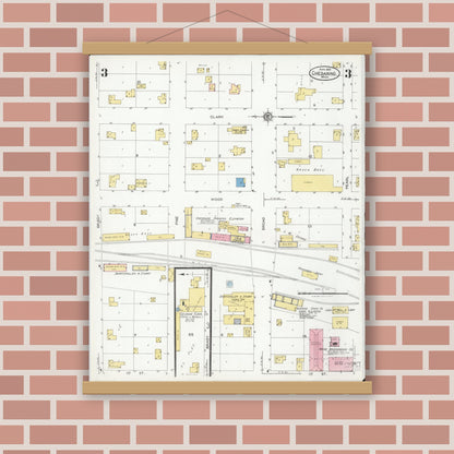 Old map wall art mockup — magnetic wood frame on brick wall — Sanborn Fire Insurance Map from Chesaning, Saginaw County, Michigan (1925), Sheet #0003