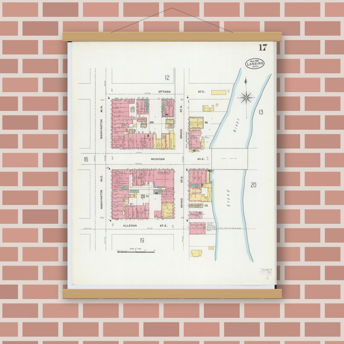 Old map wall art mockup — magnetic wood frame on brick wall — Sanborn Fire Insurance Map from Lansing, Ingham County, Michigan (1906), Sheet #0017
