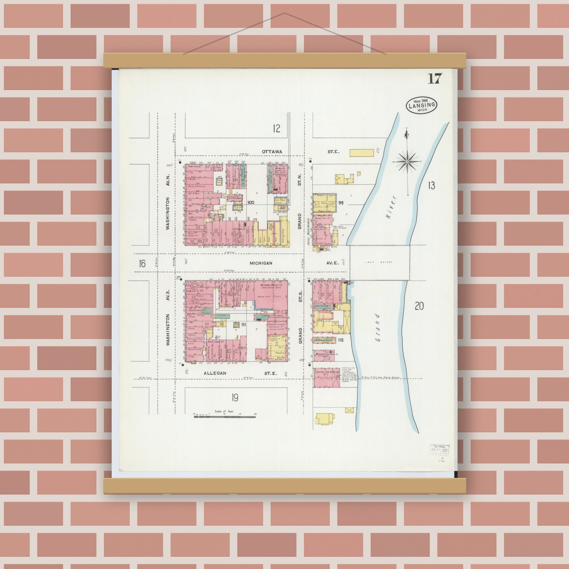 Old map wall art mockup — magnetic wood frame on brick wall — Sanborn Fire Insurance Map from Lansing, Ingham County, Michigan (1906), Sheet #0017
