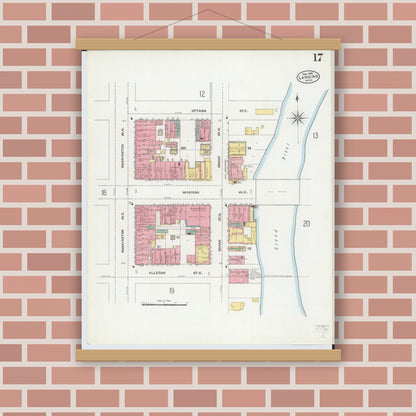 Old map wall art mockup — magnetic wood frame on brick wall — Sanborn Fire Insurance Map from Lansing, Ingham County, Michigan (1906), Sheet #0017