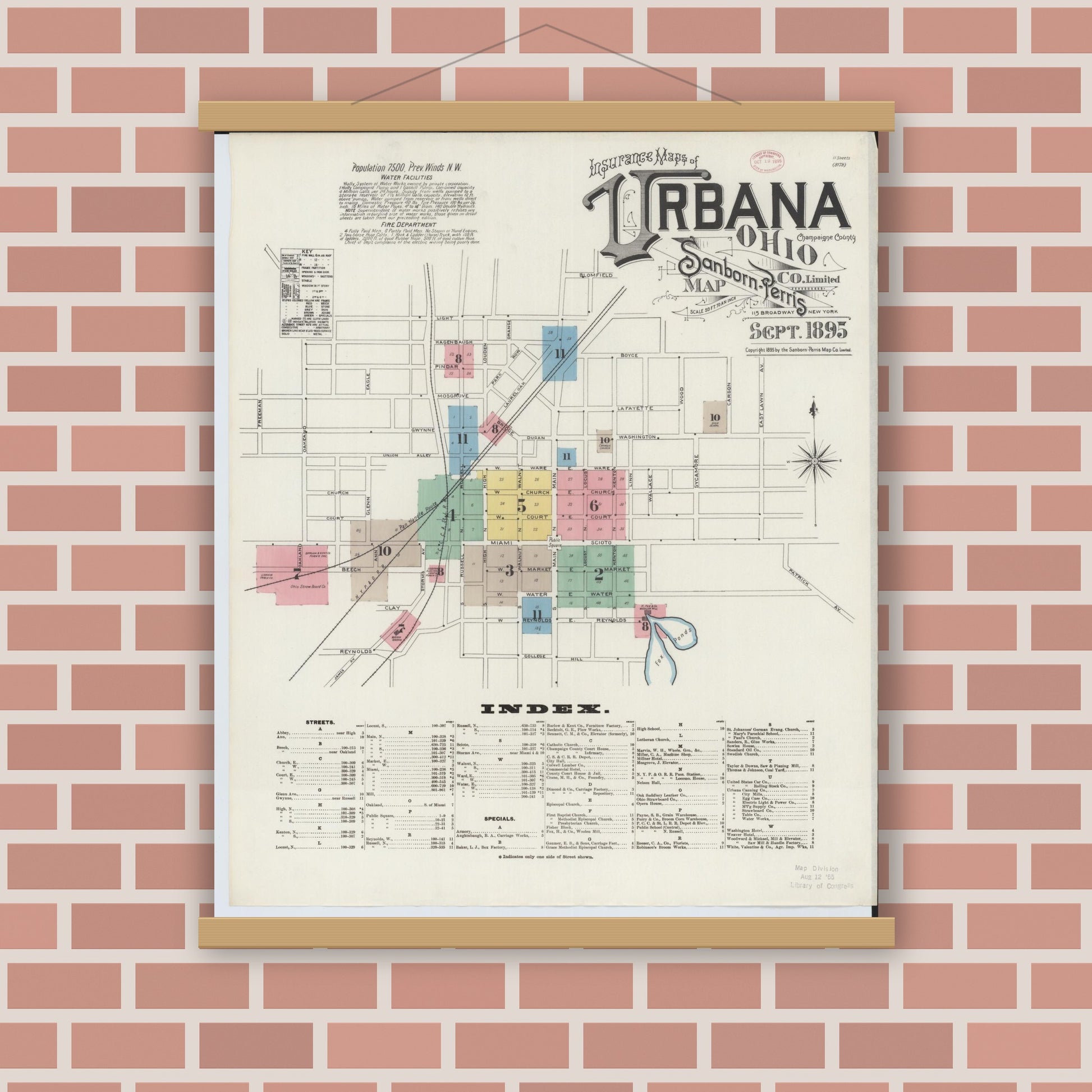 Old map wall art mockup — magnetic wood frame on brick wall — Sanborn Fire Insurance Map from Urbana, Champaign County, Ohio (1895) - Complete Map Set