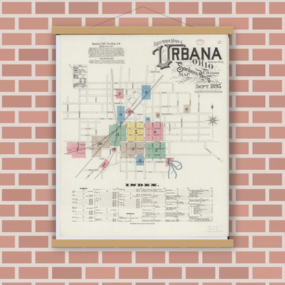 Old map wall art mockup — magnetic wood frame on brick wall — Sanborn Fire Insurance Map from Urbana, Champaign County, Ohio (1895) - Complete Map Set
