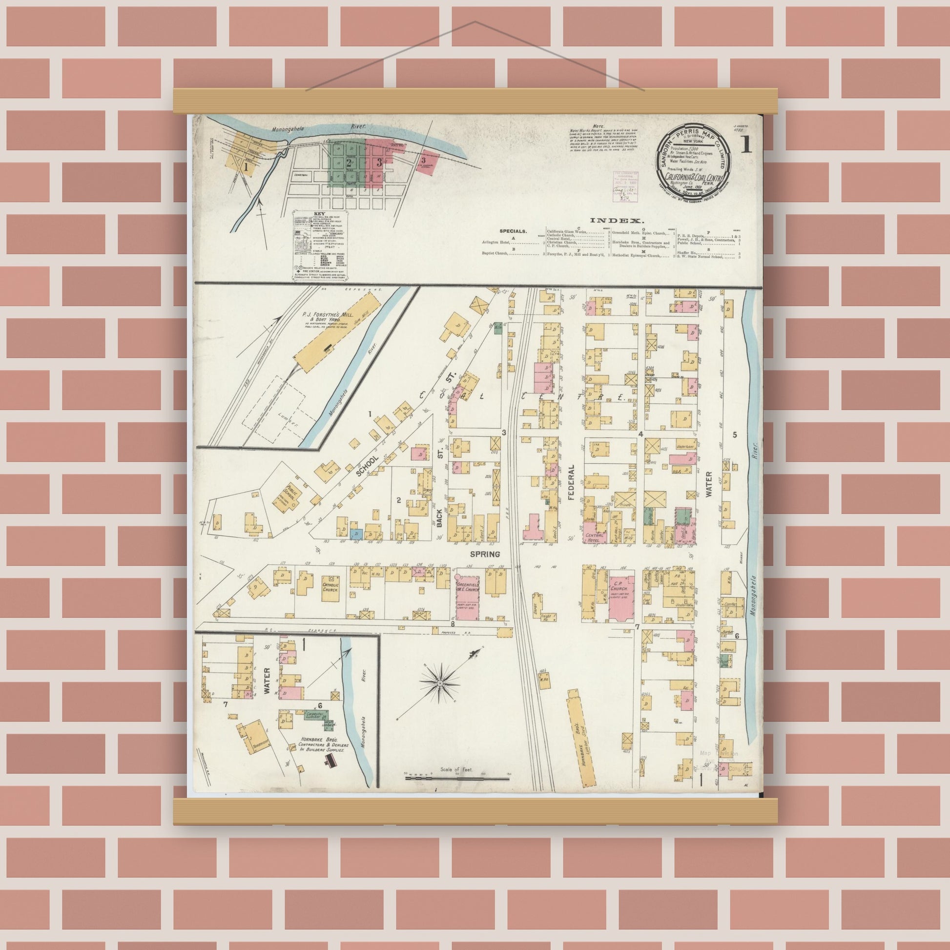Old map wall art mockup — magnetic wood frame on brick wall — Sanborn Fire Insurance Map from California, Washington County, Pennsylvania (1901) - Complete Map Set