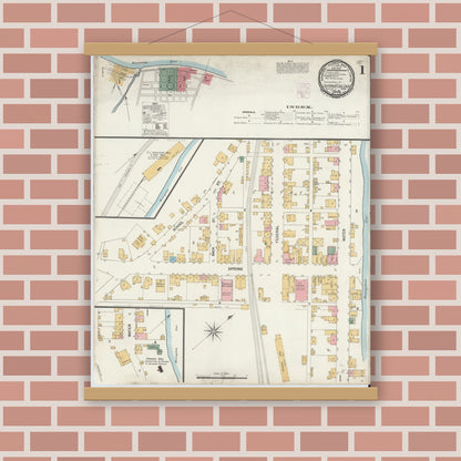 Old map wall art mockup — magnetic wood frame on brick wall — Sanborn Fire Insurance Map from California, Washington County, Pennsylvania (1901) - Complete Map Set