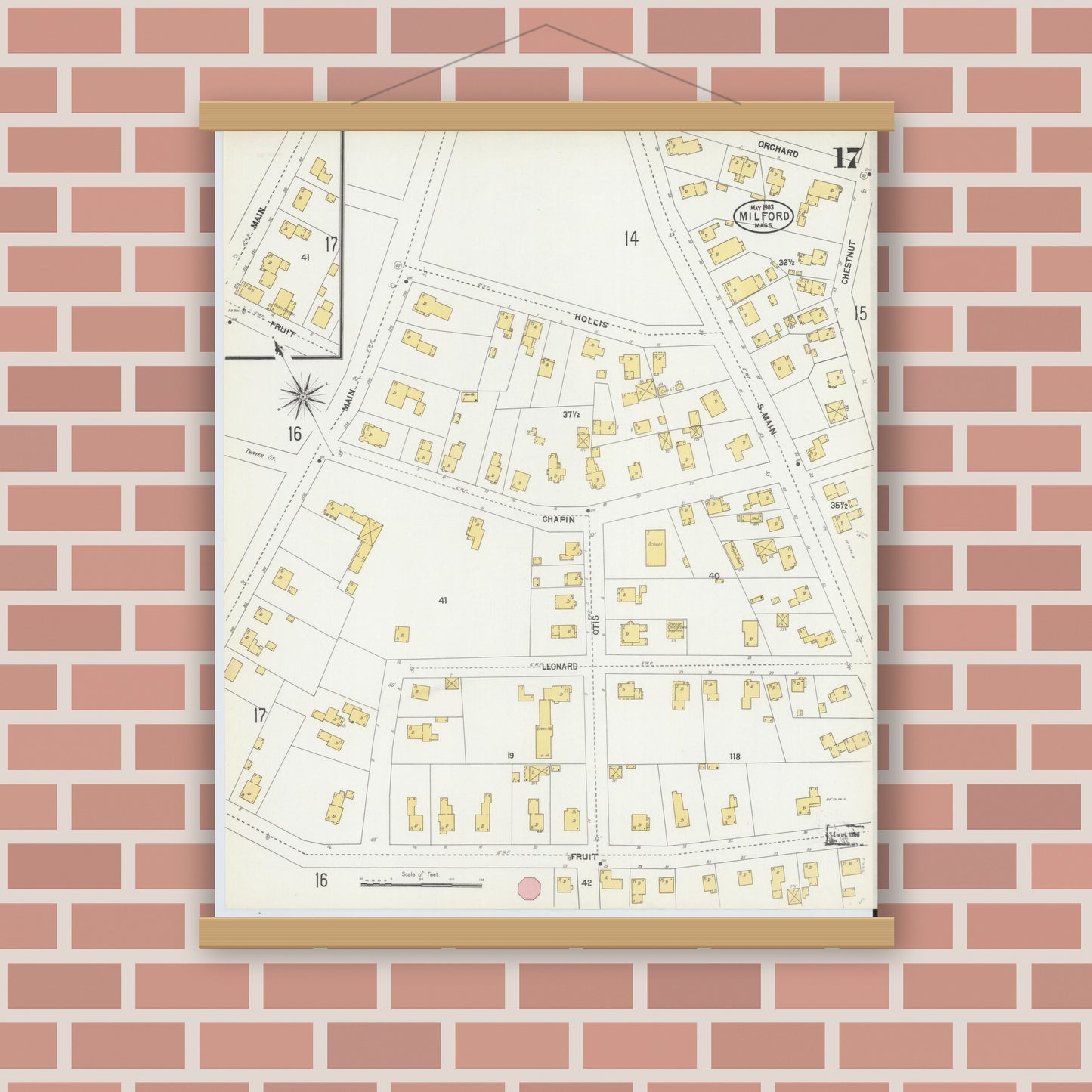 Old map wall art mockup — magnetic wood frame on brick wall — Sanborn Fire Insurance Map from Milford, Worcester County, Massachusetts (1903), Sheet #0017