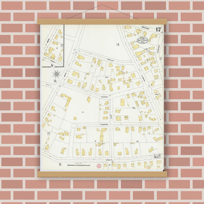 Old map wall art mockup — magnetic wood frame on brick wall — Sanborn Fire Insurance Map from Milford, Worcester County, Massachusetts (1903), Sheet #0017