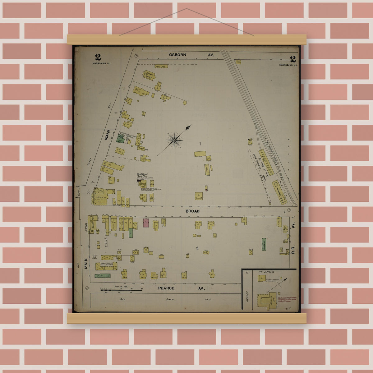 Old map wall art mockup — magnetic wood frame on brick wall — Sanborn Fire Insurance Map from New Jersey Coast, New Jersey Coast, New Jersey (1890), Sheet #0002