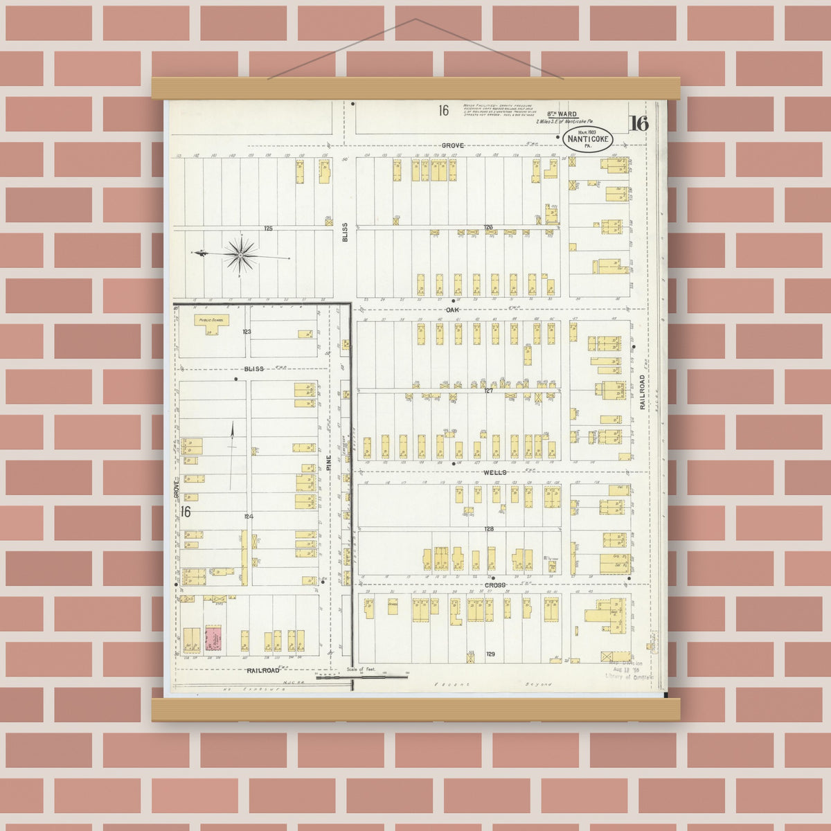 Old map wall art mockup — magnetic wood frame on brick wall — Sanborn Fire Insurance Map from Nanticoke, Luzerne County, Pennsylvania (1903), Sheet #0016