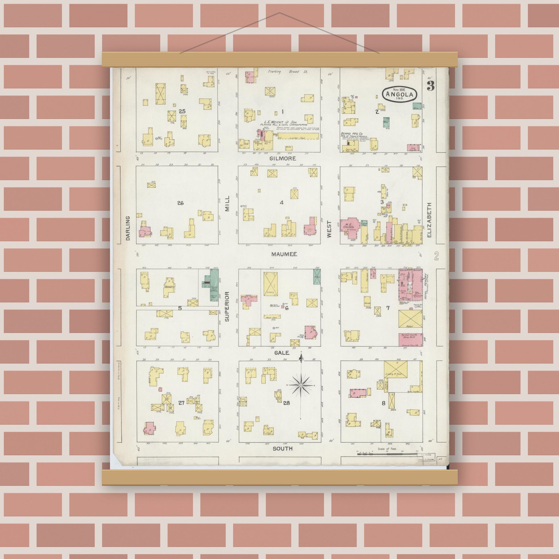 Old map wall art mockup — magnetic wood frame on brick wall — Sanborn Fire Insurance Map from Angola, Steuben County, Indiana (1892), Sheet #0003