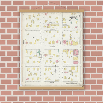 Old map wall art mockup — magnetic wood frame on brick wall — Sanborn Fire Insurance Map from Angola, Steuben County, Indiana (1892), Sheet #0003