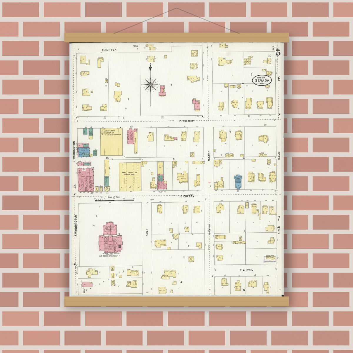 Old map wall art mockup — magnetic wood frame on brick wall — Sanborn Fire Insurance Map from Nevada, Vernon County, Missouri (1906), Sheet #0005