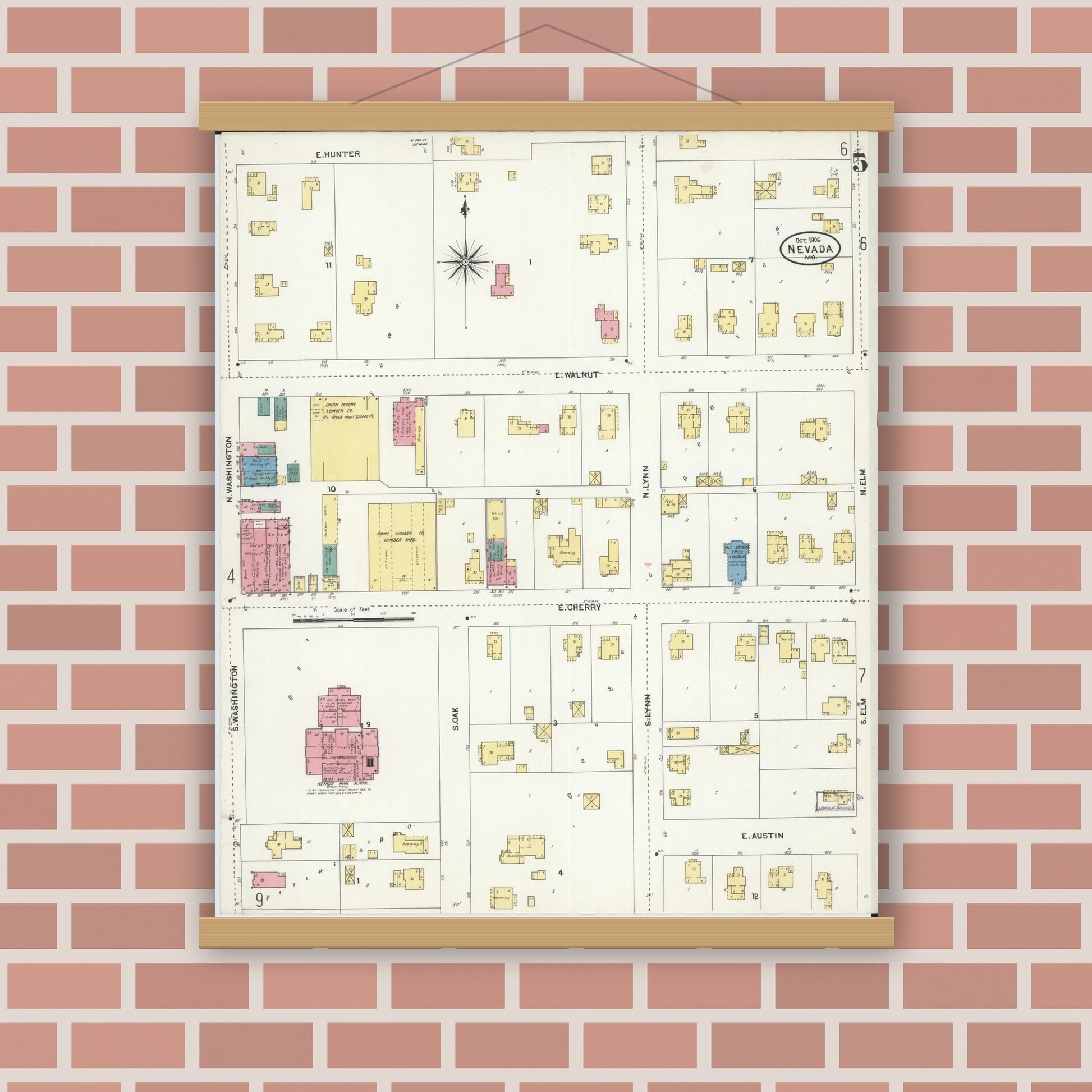 Old map wall art mockup — magnetic wood frame on brick wall — Sanborn Fire Insurance Map from Nevada, Vernon County, Missouri (1906), Sheet #0005
