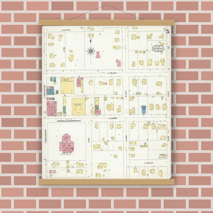 Old map wall art mockup — magnetic wood frame on brick wall — Sanborn Fire Insurance Map from Nevada, Vernon County, Missouri (1906), Sheet #0005