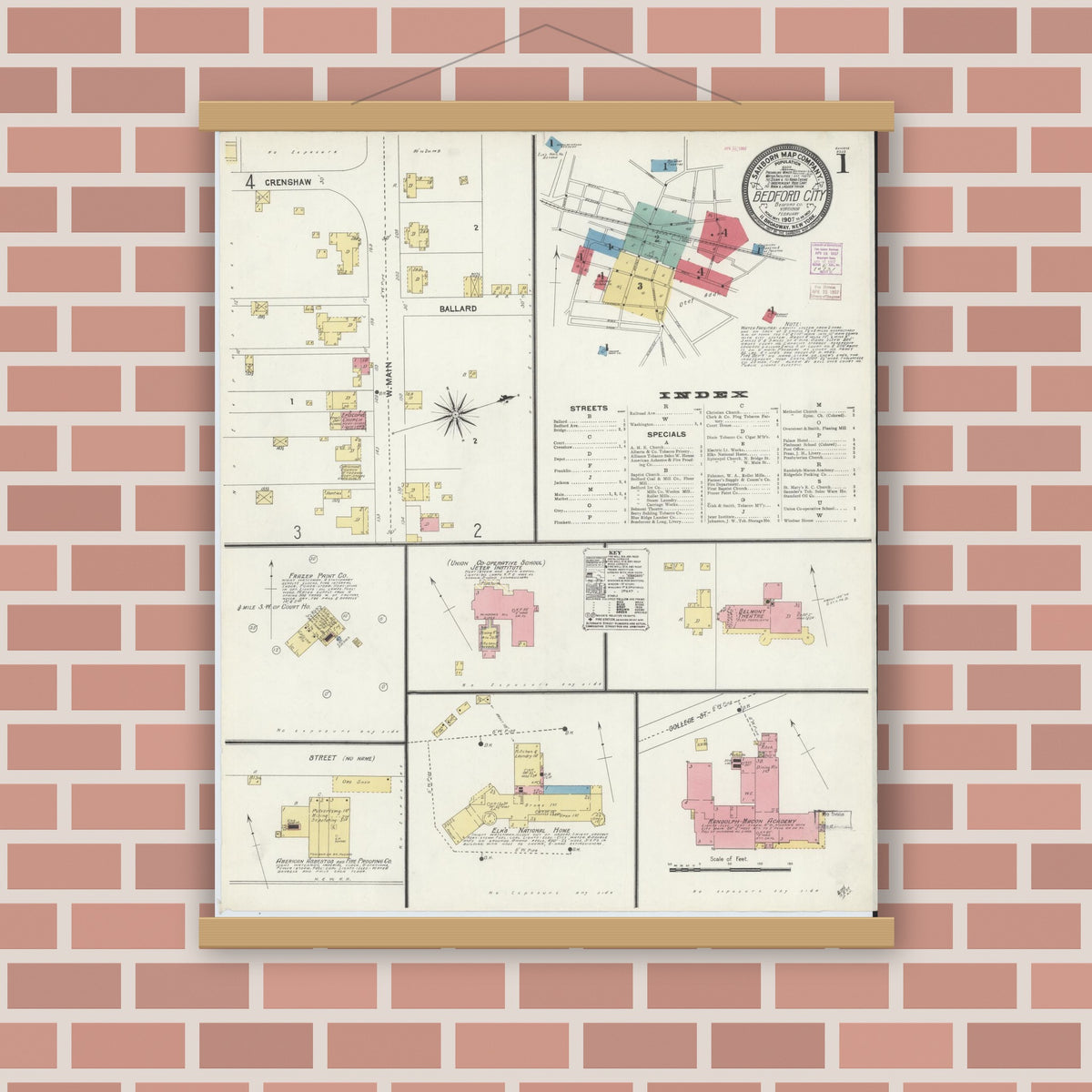 Old map wall art mockup — magnetic wood frame on brick wall — Sanborn Fire Insurance Map from Bedford, Independent Cities, Virginia (1907) - Complete Map Set