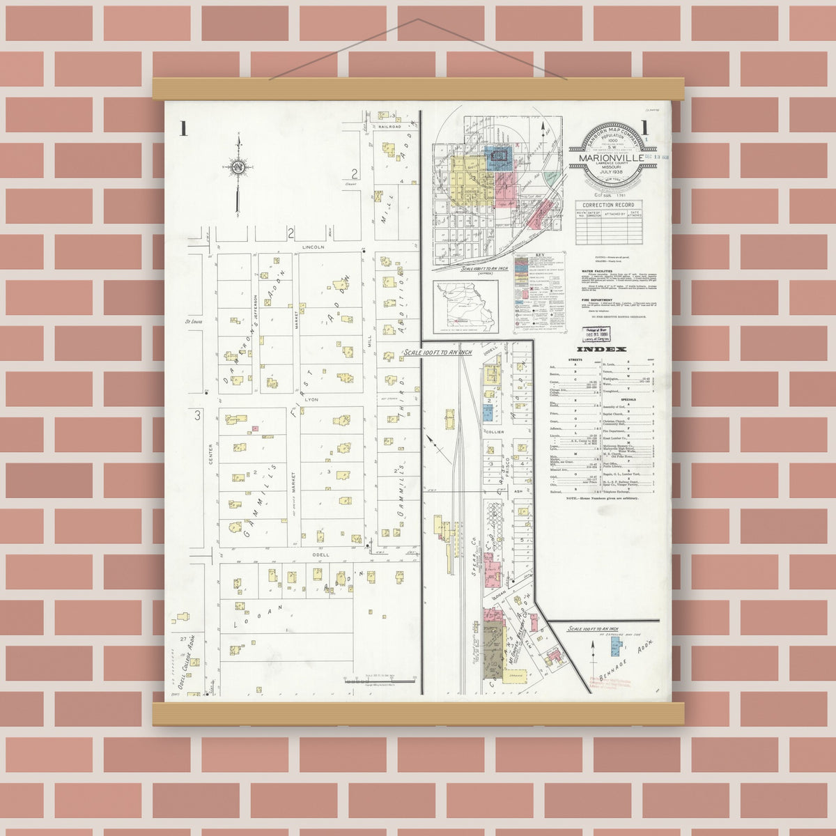 Old map wall art mockup — magnetic wood frame on brick wall — Sanborn Fire Insurance Map from Marionville, Lawrence County, Missouri (1938) - Complete Map Set