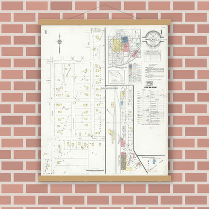 Old map wall art mockup — magnetic wood frame on brick wall — Sanborn Fire Insurance Map from Marionville, Lawrence County, Missouri (1938) - Complete Map Set