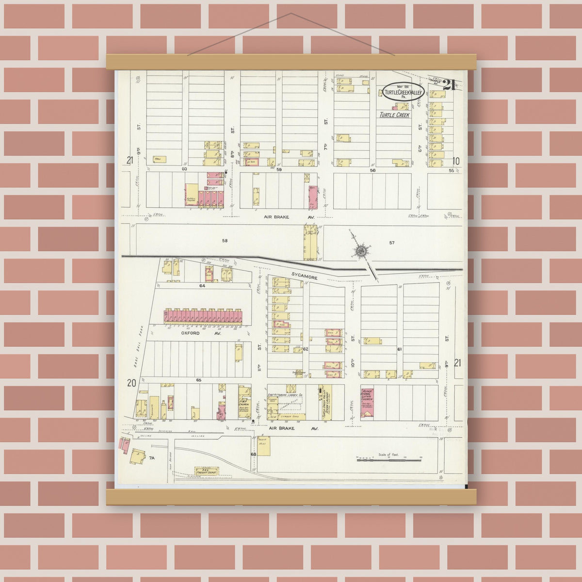 Old map wall art mockup — magnetic wood frame on brick wall — Sanborn Fire Insurance Map from Turtle Creek Valley, Allegheny County, Pennsylvania (1911), Sheet #0021