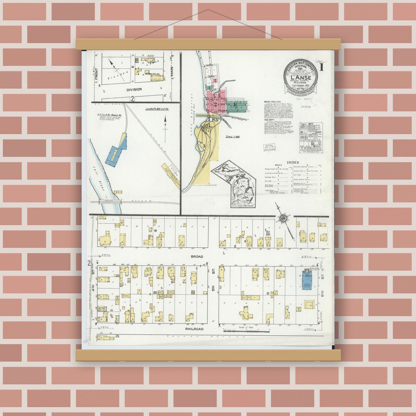 Old map wall art mockup — magnetic wood frame on brick wall — Sanborn Fire Insurance Map from L'Anse, Baraga County, Michigan (1922) - Complete Map Set